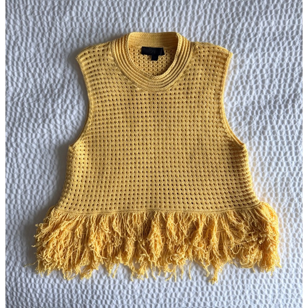 Zara Yellow Crochet Knit Fringe Sleeveless Top Boho Festival Size M